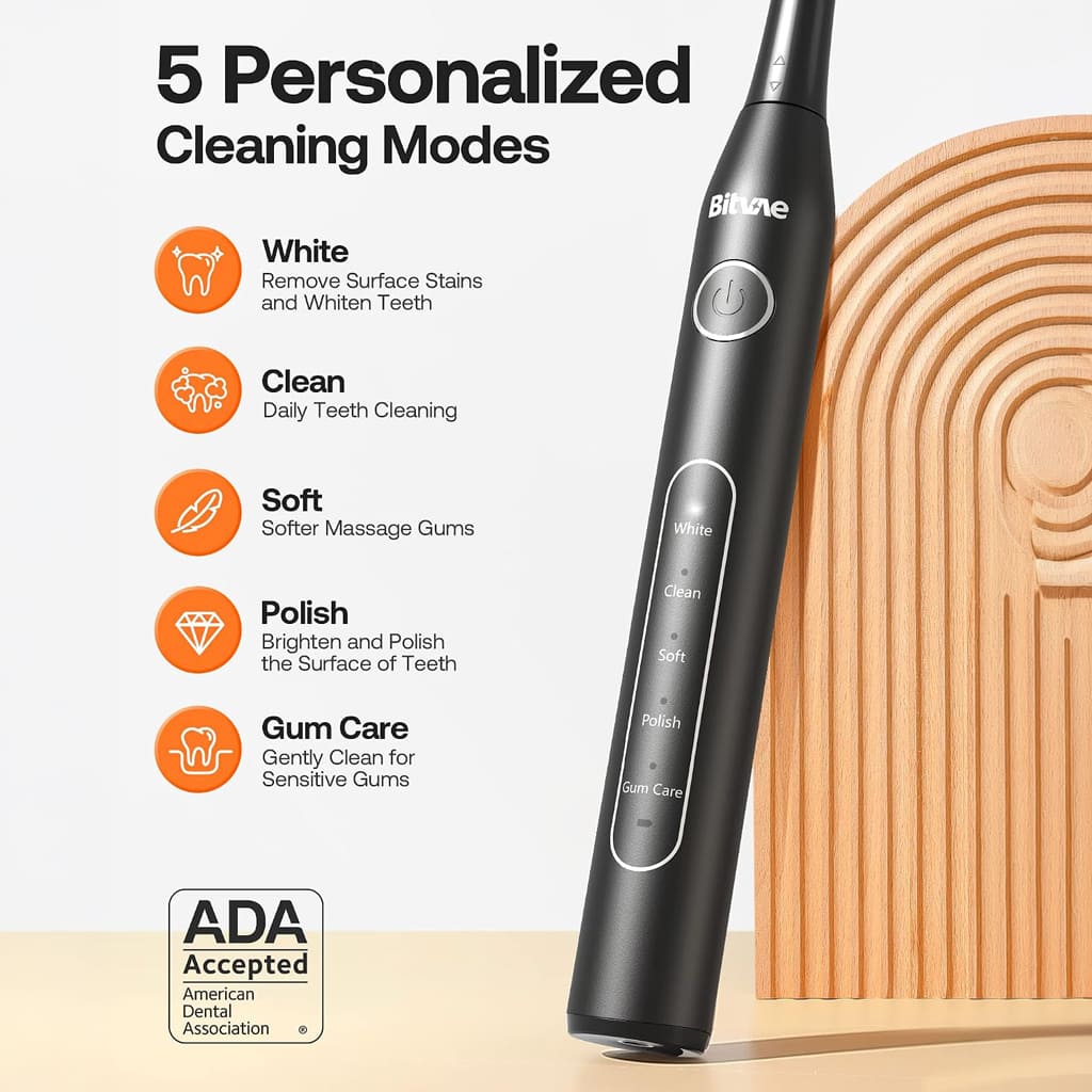 D2 Sonic Electric Toothbrush for Adults by Bitvae, 5 Cleaning Modes, 8 Brush Heads, IPX7 Waterproof with Travel Case