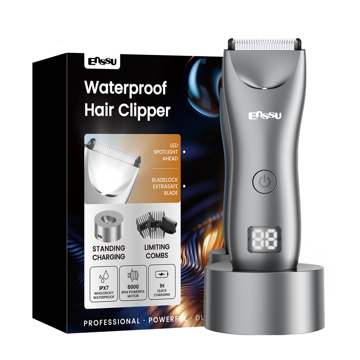 Ceramic-Blade Body Hair Trimmer ES033GY – LED Display Waterproof Groomer by ENSSU