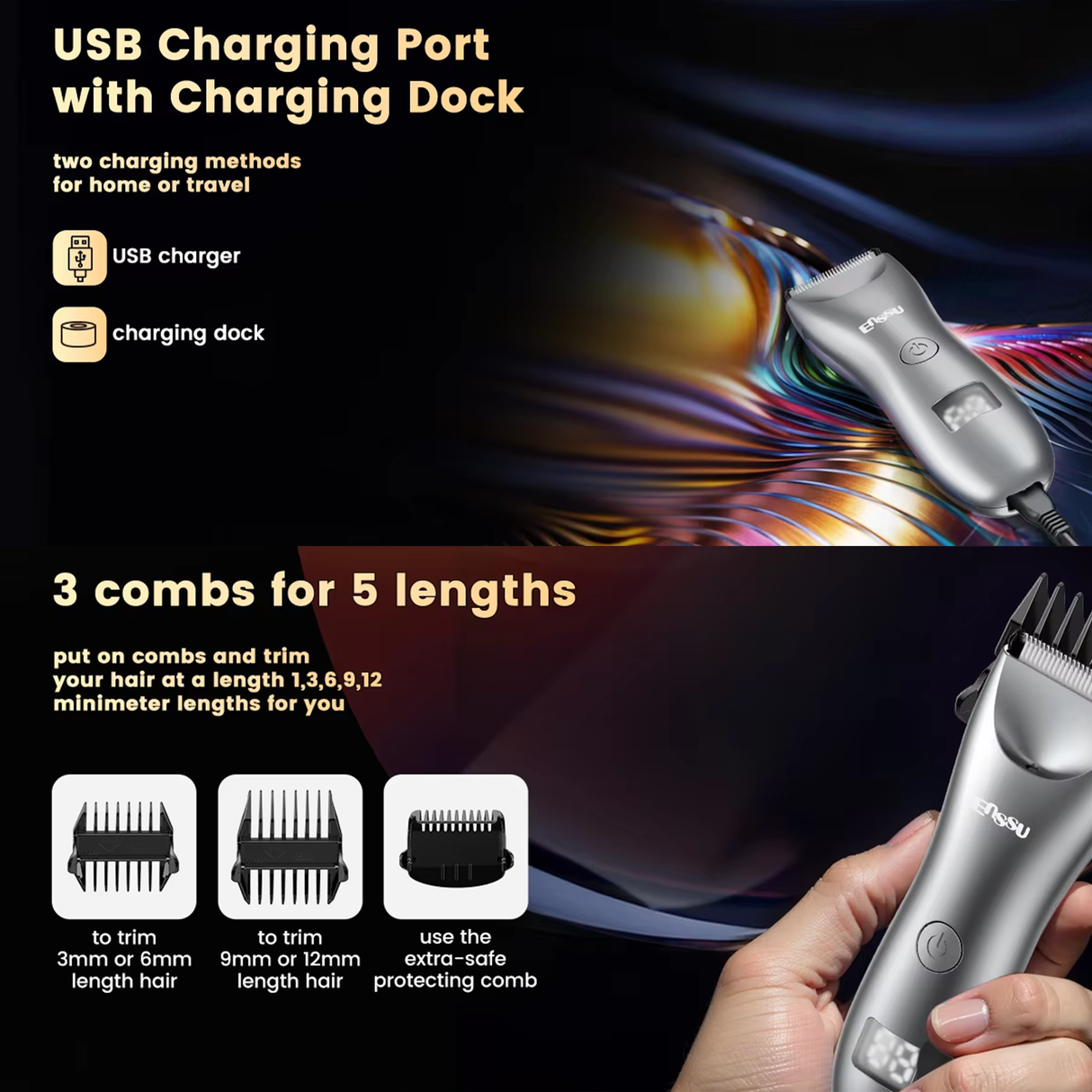 Ceramic-Blade Body Hair Trimmer ES033GY – LED Display Waterproof Groomer by ENSSU