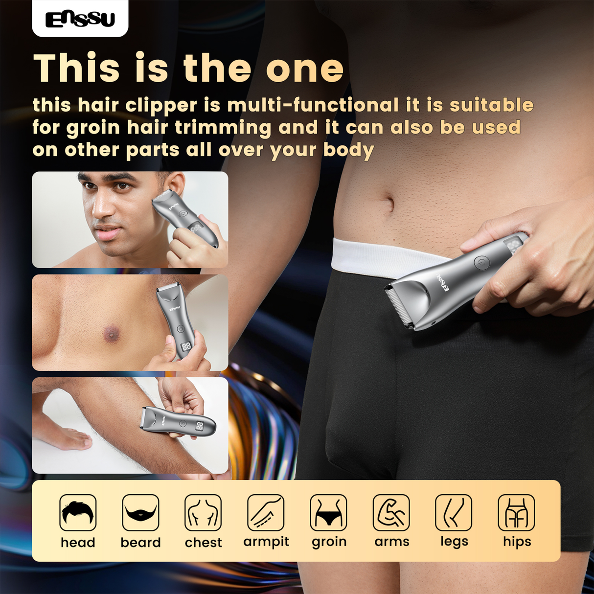 Ceramic-Blade Body Hair Trimmer ES033GY – LED Display Waterproof Groomer by ENSSU