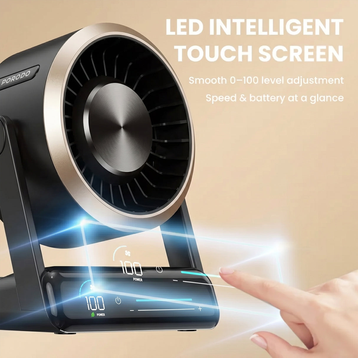 Chillo Core Desktop Fan 6000mAh Rechargeable Fan with LED Display, 100 Speed Levels and USB-C Fast Charging by Porodo