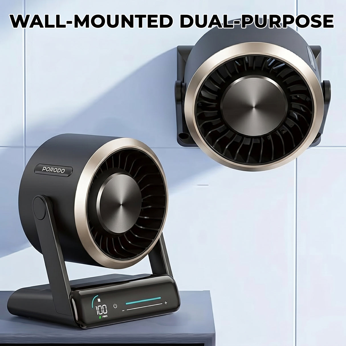 Chillo Core Desktop Fan 6000mAh Rechargeable Fan with LED Display, 100 Speed Levels and USB-C Fast Charging by Porodo