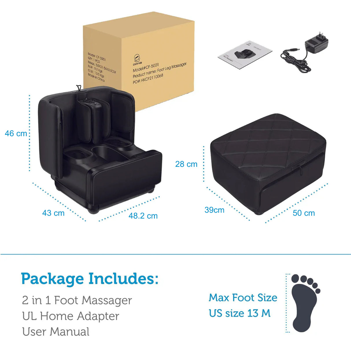 2 in 1 Foot And Leg Massager with Ottoman Rest, Shiatsu Foot and Calf Massager with Heat, Kneading, Vibration, Compression CF-5001 by Comfire