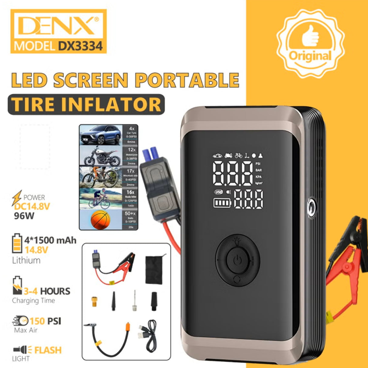 جهاز نفخ إطارات محمول 4 في 1 مع مشغل بطارية سيارة، ضاغط هواء 150 PSI مع شاشة LED رقمية من DENX
