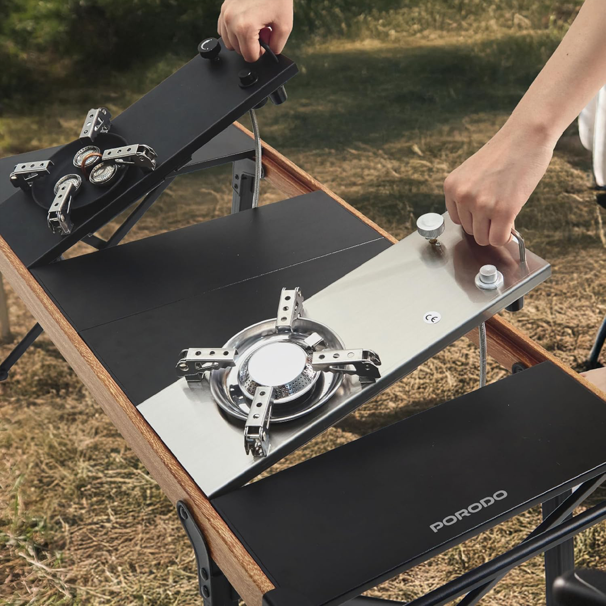 موقد ثنائي الشعلة وطاولة تخييم قابلة للطي، خفيف الوزن، محمول، للطهي في الهواء الطلق من Porodo