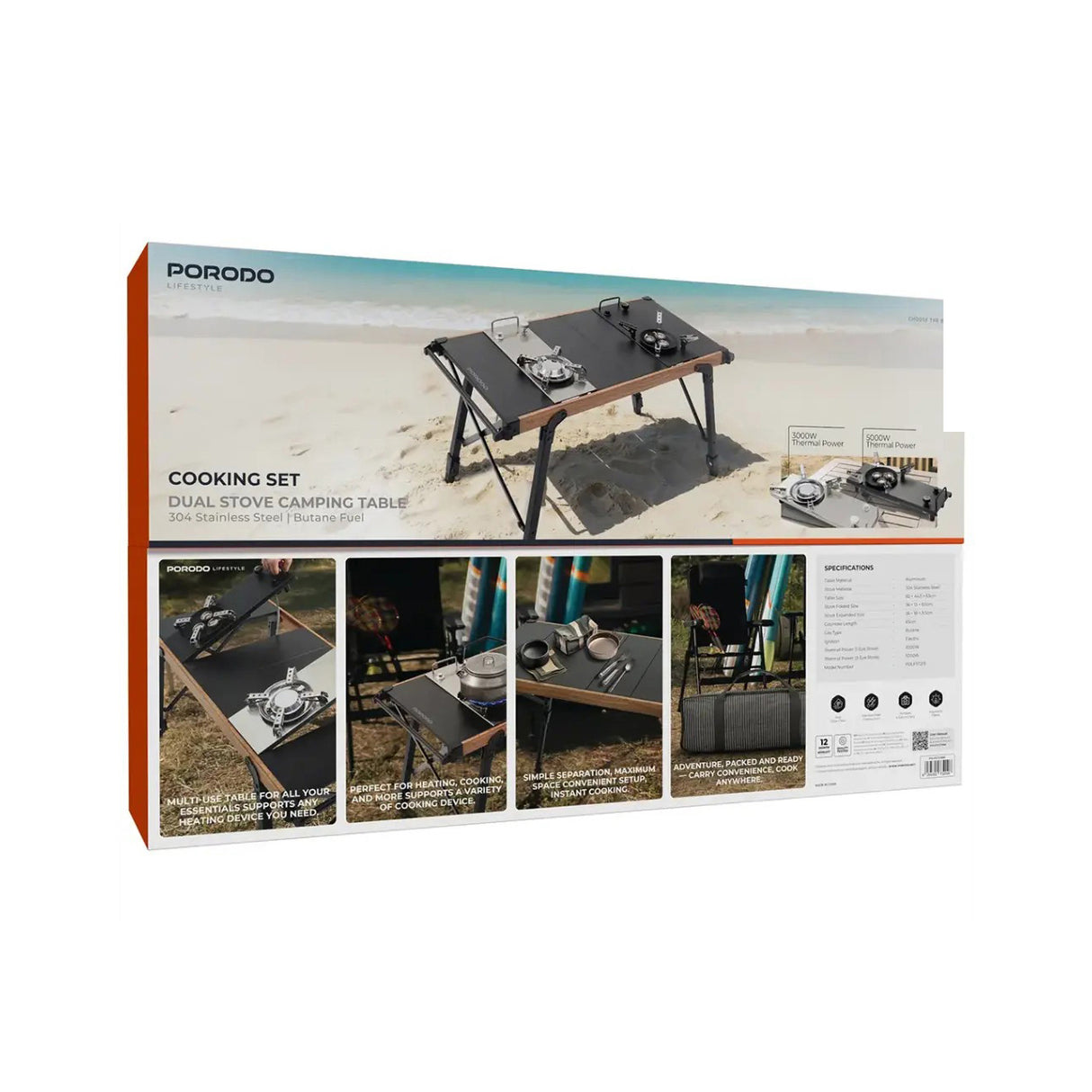 موقد ثنائي الشعلة وطاولة تخييم قابلة للطي، خفيف الوزن، محمول، للطهي في الهواء الطلق من Porodo