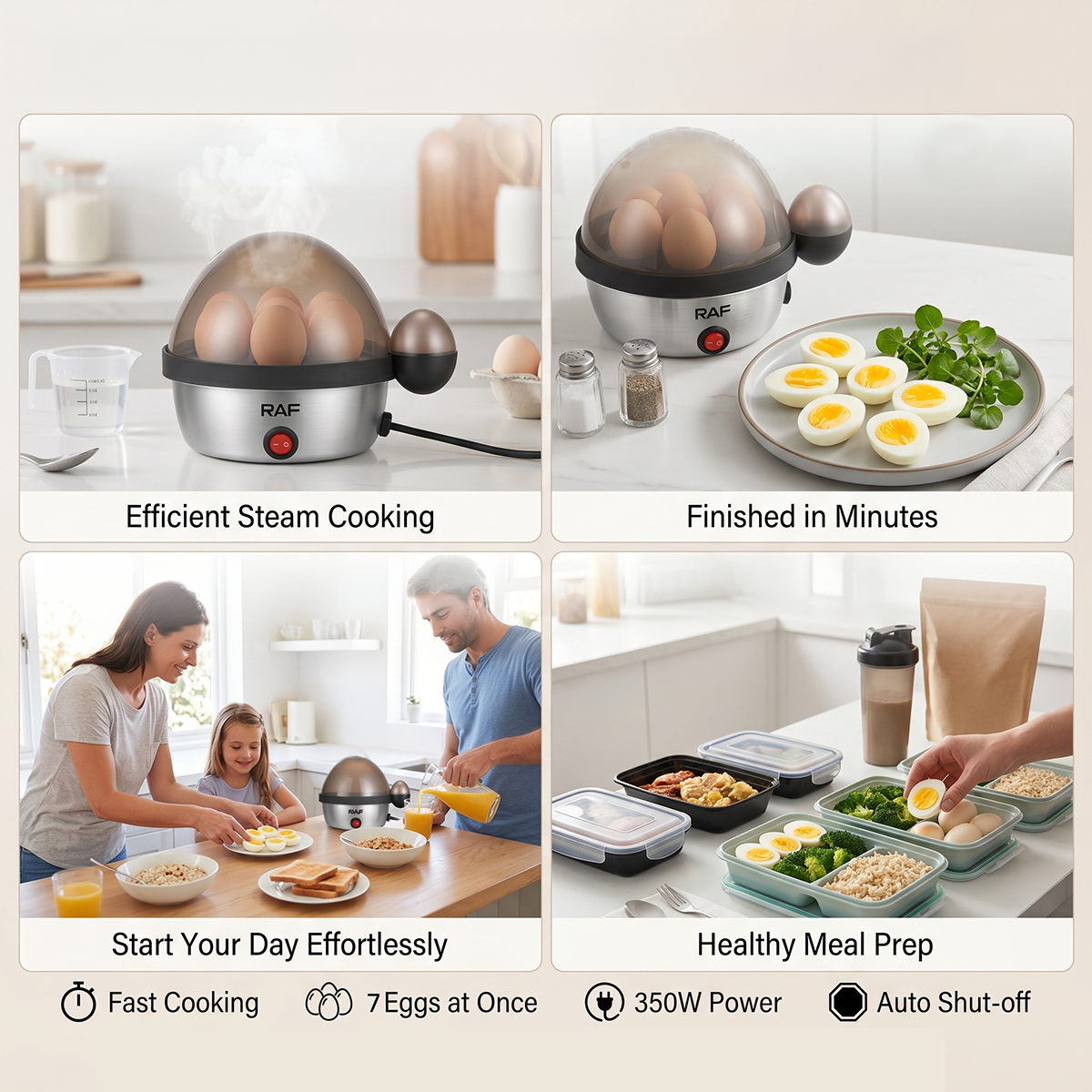 Electric Egg Boiler - 350 W, Up to 7 Eggs, Auto-Shutoff, Soft-Medium-Hard Boiled, By RAF