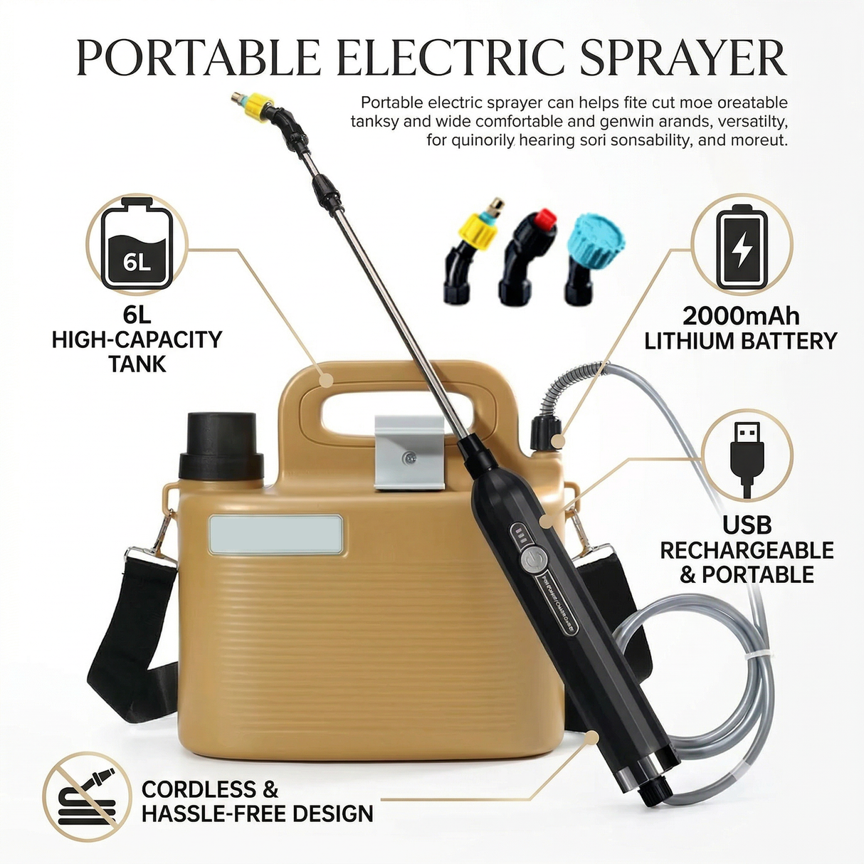 Portable Electric Sprayer 6L Tank, USB Charging 2000mAh Battery, Multi-Purpose Sprayer for Car Wash, Garden & Camping by DENX