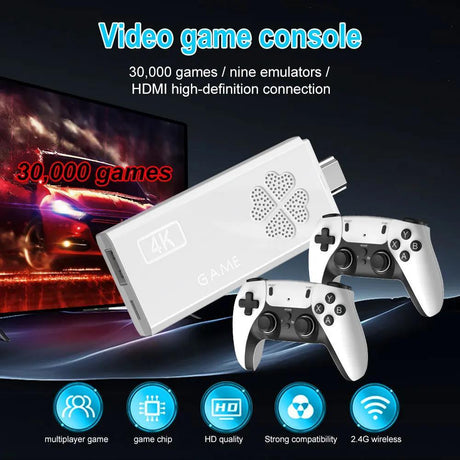 4K Retro Gaming Stick Console with 30,000+ Games & Dual Wireless Controllers, 2.4G SEM F10 Controller Gamepad