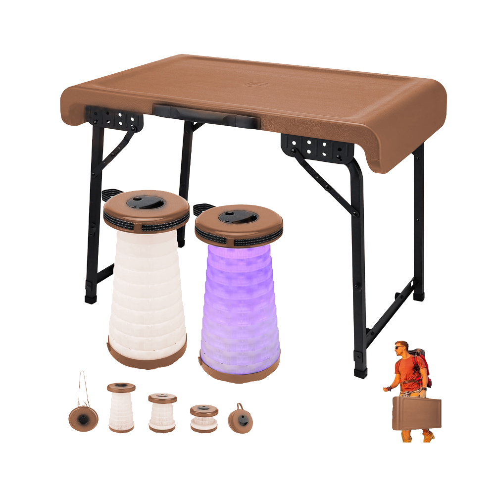 Outdoor Foldable Table and 2 Stool Set LED Brown