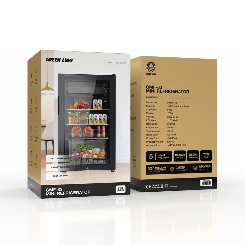 ثلاجة صغيرة مدمجة سعة 83 لترًا مزودة بأرفف قابلة للتعديل، وإضاءة LED، وقفل أمان للأطفال من Green Lion