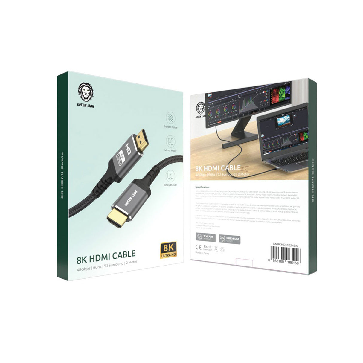 كابل HDMI إلى HDMI بدقة 8K بطول 2 متر، كابل عرض مقاوم للتشابك فائق السرعة مع HDR وسرعة 48Gbps من Green Lion