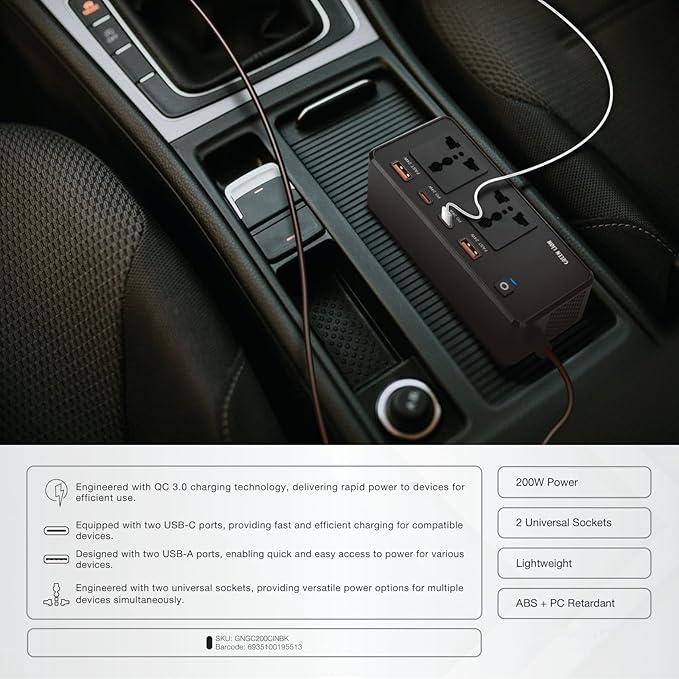 GC-200 200W Car Power Inverter with Dual AC Sockets and Fast Charging Support Compact and Flame-Retardant Design for Travel by Green Lion