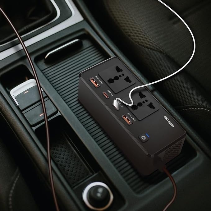 GC-200 200W Car Power Inverter with Dual AC Sockets and Fast Charging Support Compact and Flame-Retardant Design for Travel by Green Lion