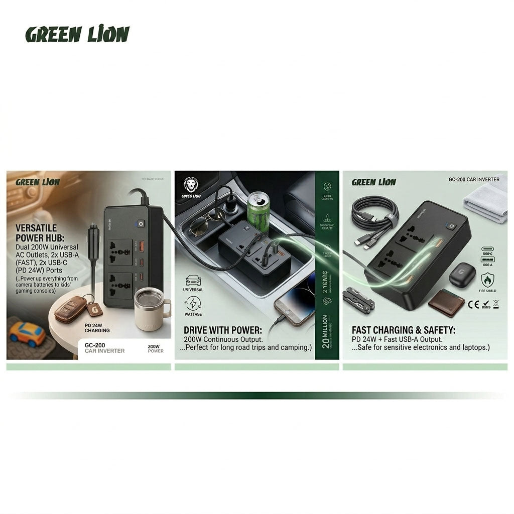 GC-200 200W Car Power Inverter with Dual AC Sockets and Fast Charging Support Compact and Flame-Retardant Design for Travel by Green Lion