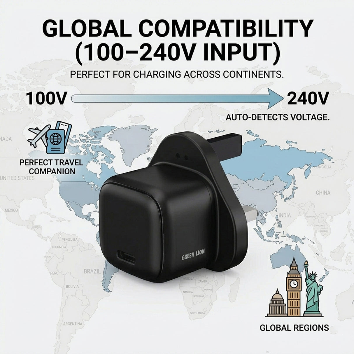 شاحن حائط Nexio بمنفذ واحد 30 واط، قابس بريطاني، شاحن USB-C من Green Lion