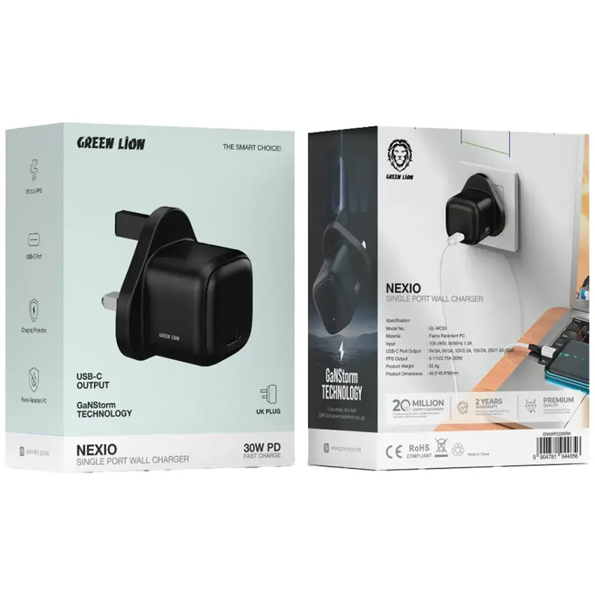 شاحن حائط Nexio بمنفذ واحد 30 واط، قابس بريطاني، شاحن USB-C من Green Lion