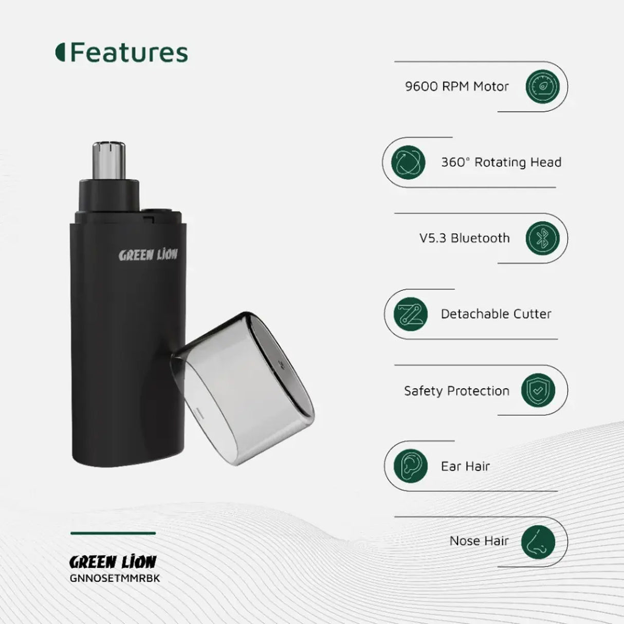 Nose Pro Rechargeable Nose & Ear Trimmer 9600 RPM with Type-C Charging, 360° Rotating Head, Dual Speed by Green Lion