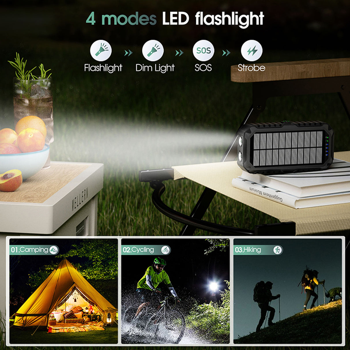 باور بنك Solar Mate مع شحن بالطاقة الشمسية ومقبض يدوي 20000 مللي أمبير، 4 كابلات مدمجة، شحن سريع PD بقوة 20 واط وQC بقوة 22.5 واط من Green Lion