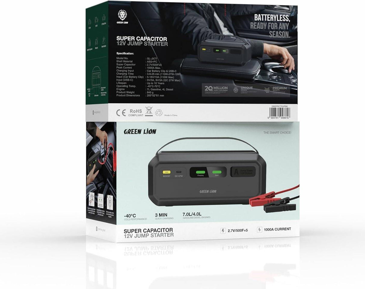 مشغل بطارية سيارة 12 فولت سوبر كاباسيتور بدون بطارية 1000 أمبير، جهاز تشغيل طوارئ محمول للسيارات من Green Lion