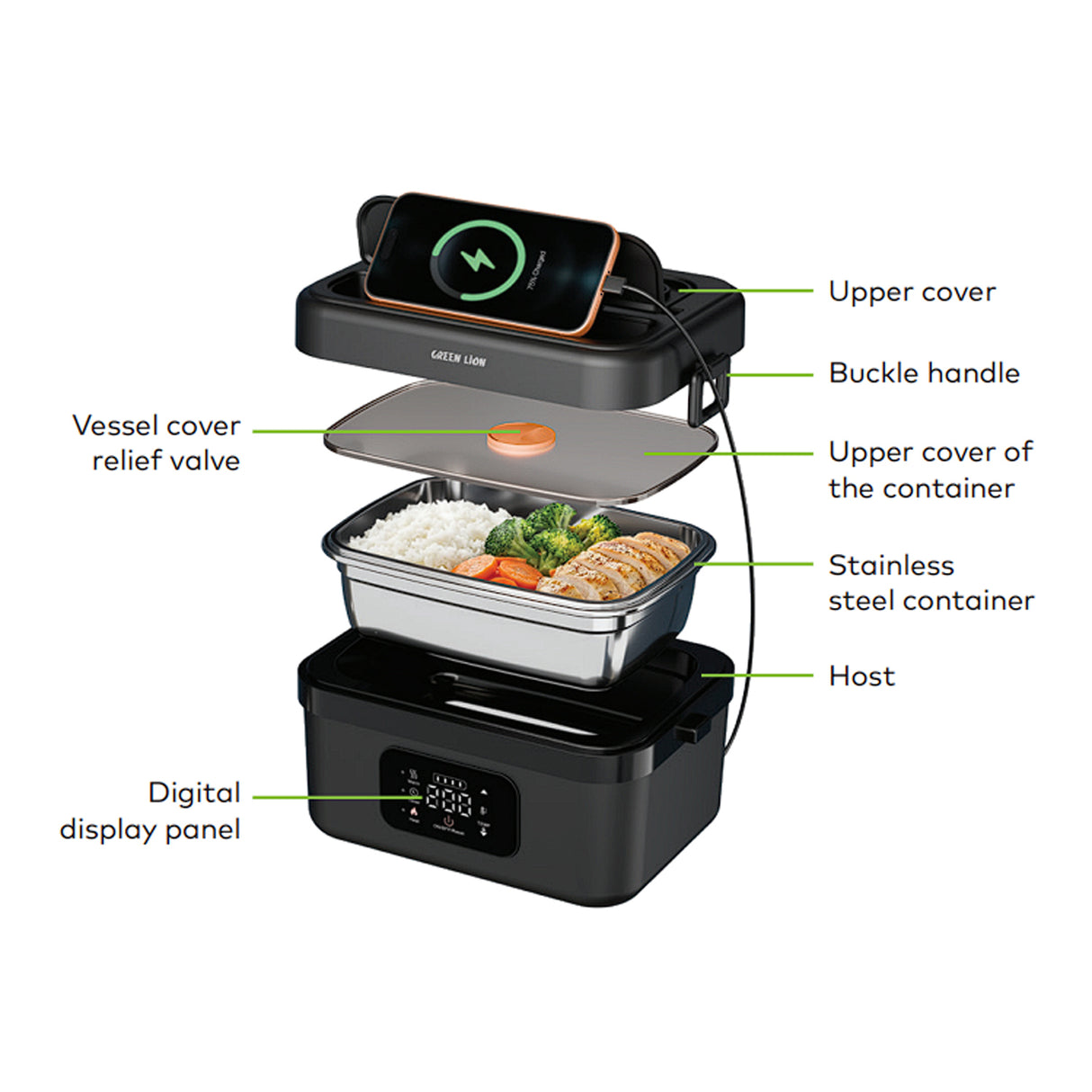 Portable Electric Lunch Box 1L with 8000mAh Battery, Digital Touch Screen & USB-C Fast Charging by Green Lion