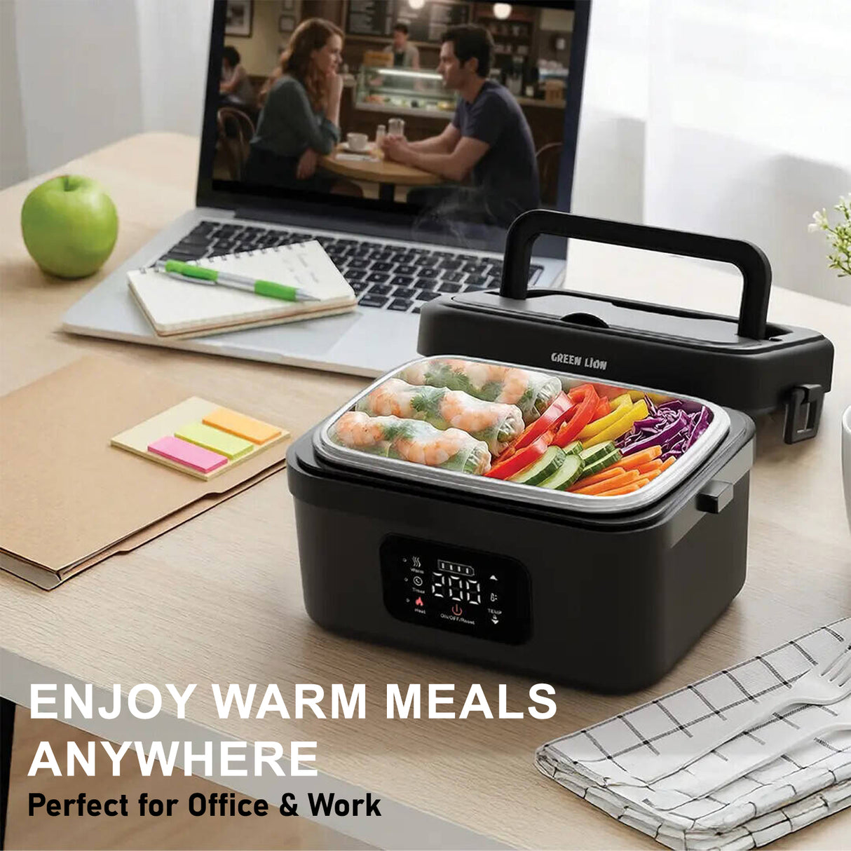 Portable Electric Lunch Box 1L with 8000mAh Battery, Digital Touch Screen & USB-C Fast Charging by Green Lion