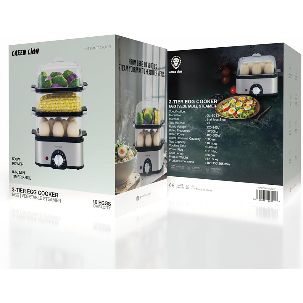 3-Tier Egg Cooker and Vegetable Steamer – 16 Eggs Capacity and Stainless Steel Steamer with Timer by Green Lion