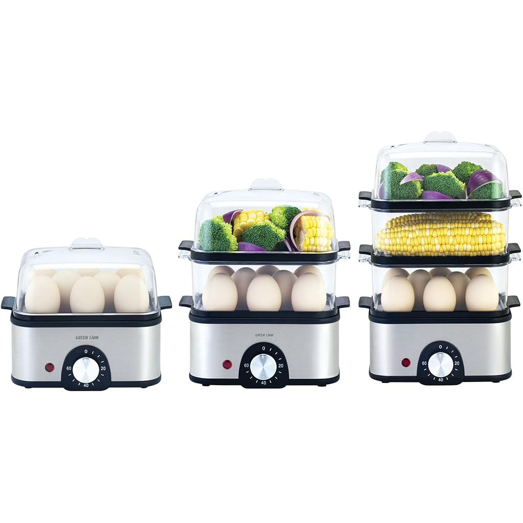 3-Tier Egg Cooker and Vegetable Steamer – 16 Eggs Capacity and Stainless Steel Steamer with Timer by Green Lion