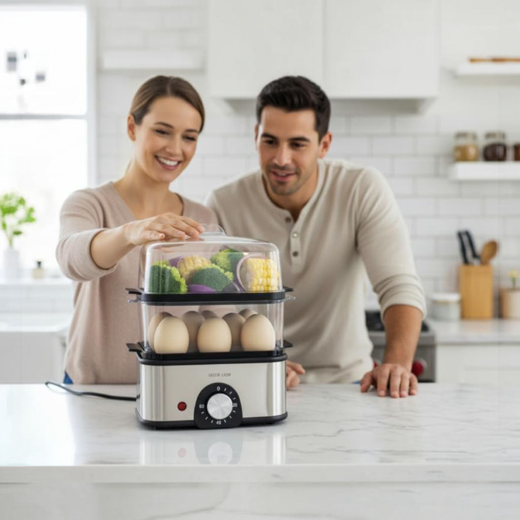 3-Tier Egg Cooker and Vegetable Steamer – 16 Eggs Capacity and Stainless Steel Steamer with Timer by Green Lion