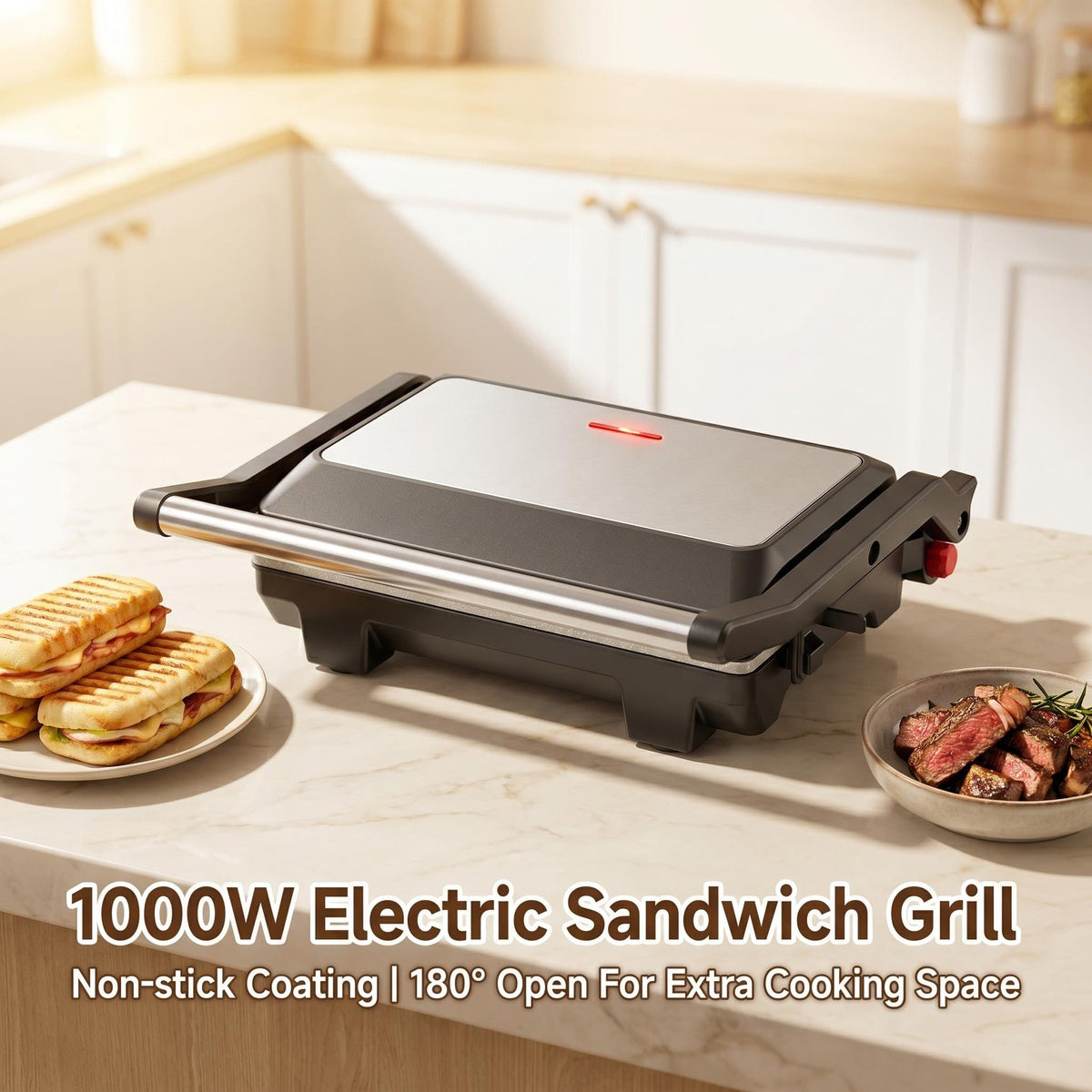 Electric Contact Grill & Sandwich Maker 1000W, 180° Open Non-Stick Panini Press by Winning Star
