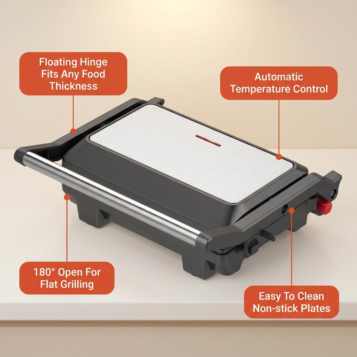 Electric Contact Grill & Sandwich Maker 1000W, 180° Open Non-Stick Panini Press by Winning Star