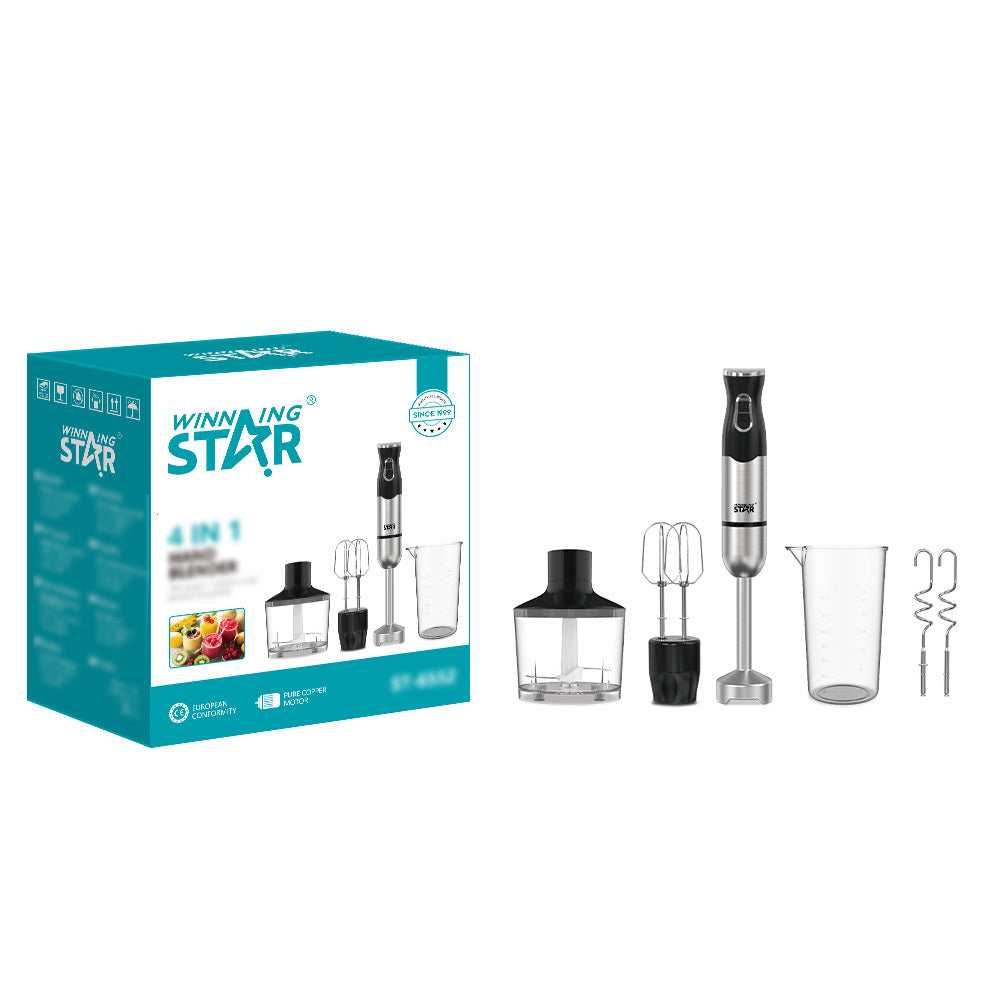 4-in-1 Hand Blender Set – Electric Immersion Blender with Chopper, Whisk, Dough Hooks & Measuring Cup by Winning Star