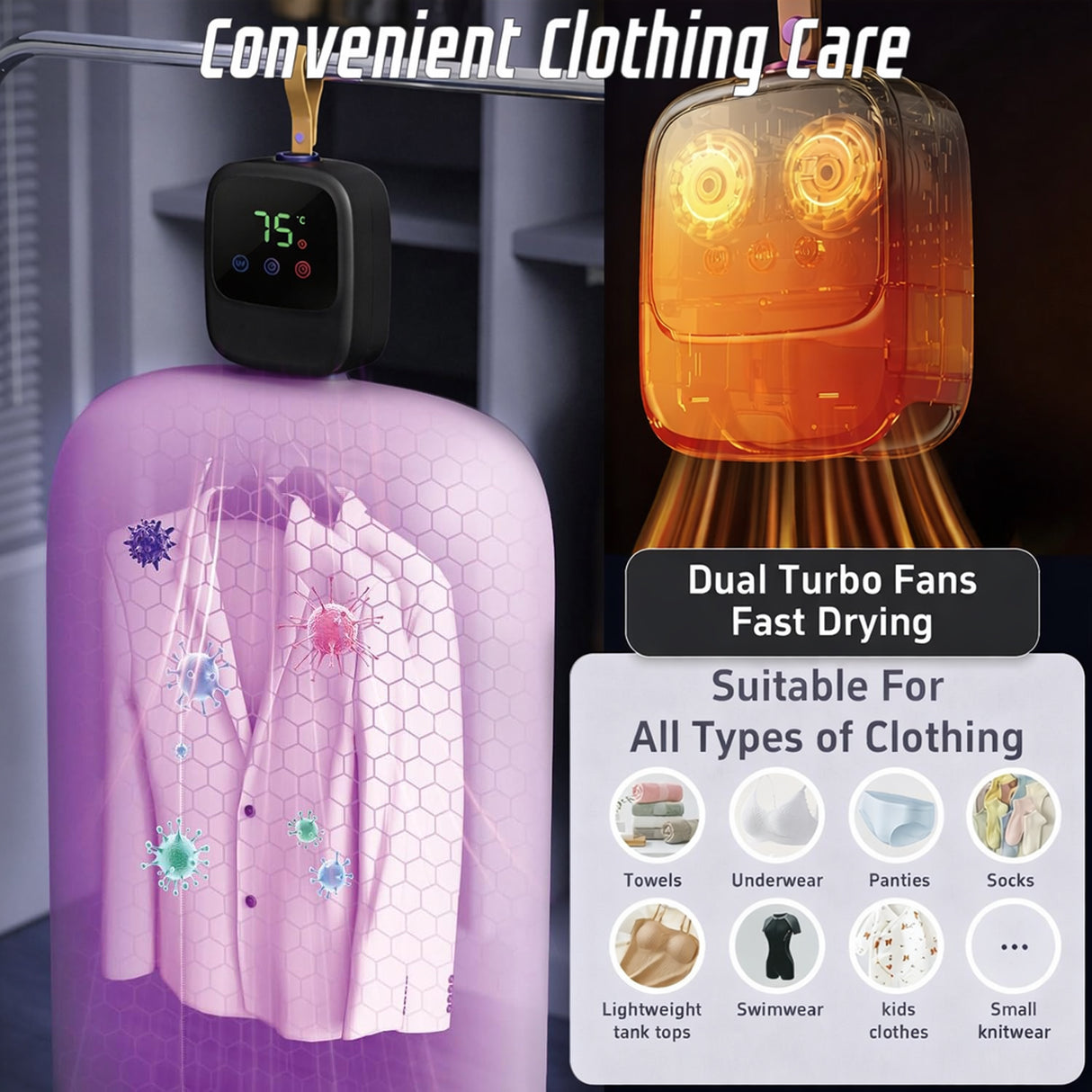 مجفف ملابس محمول 450 واط – تجفيف سريع مع تعقيم وإزالة العث