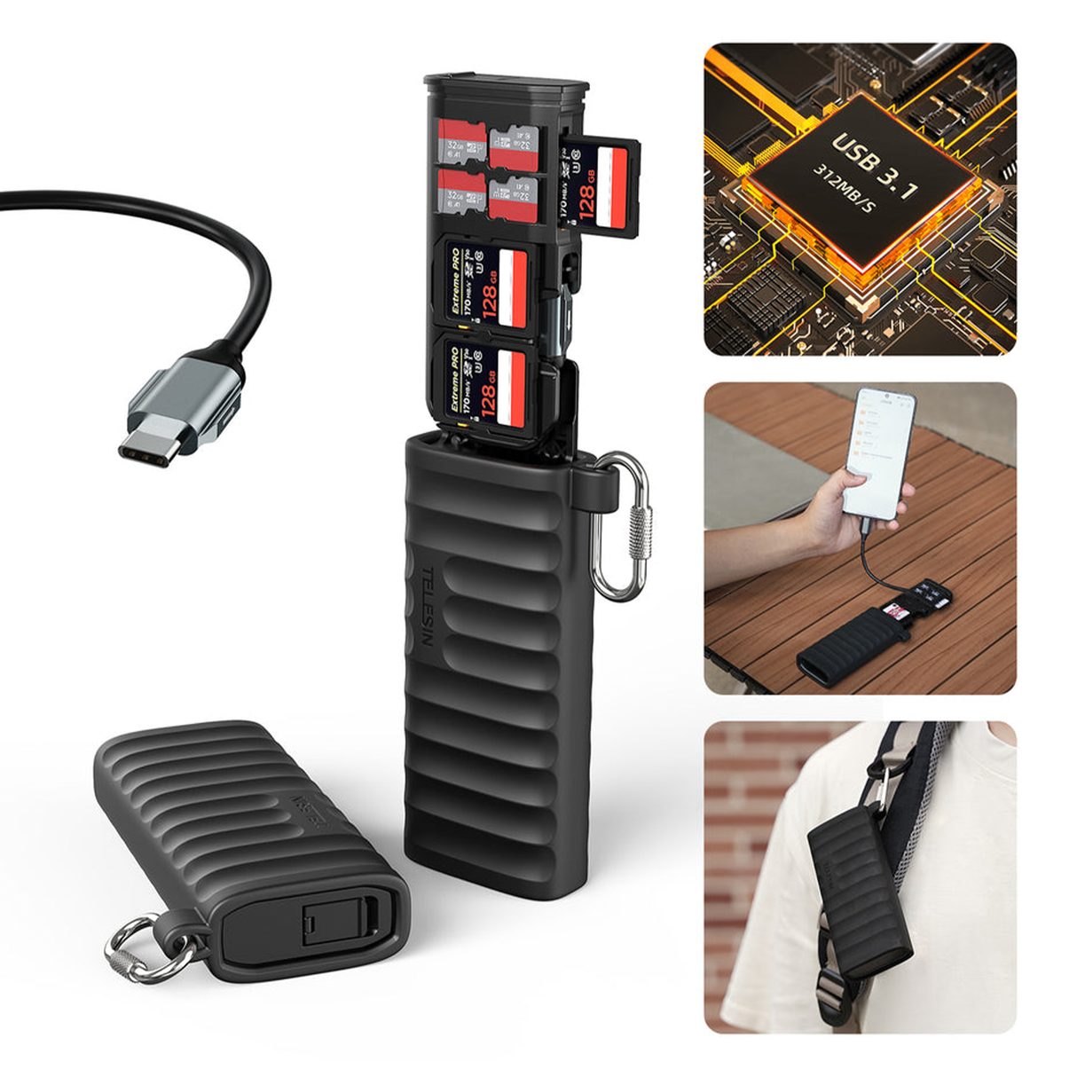 High-Speed USB 3.1 Type-C MicroSD Card Reader and Storage Case by TELESIN
