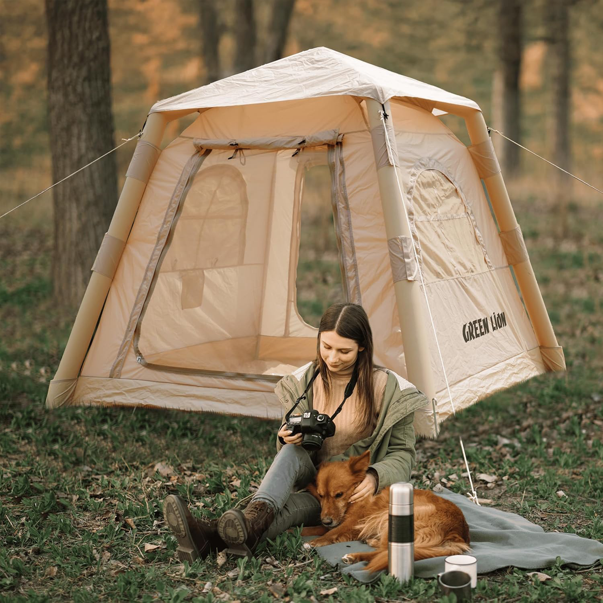Inflatable Camping Tent GT-3X, 3-Person Waterproof Outdoor Shelter (Beige) by Green Lion
