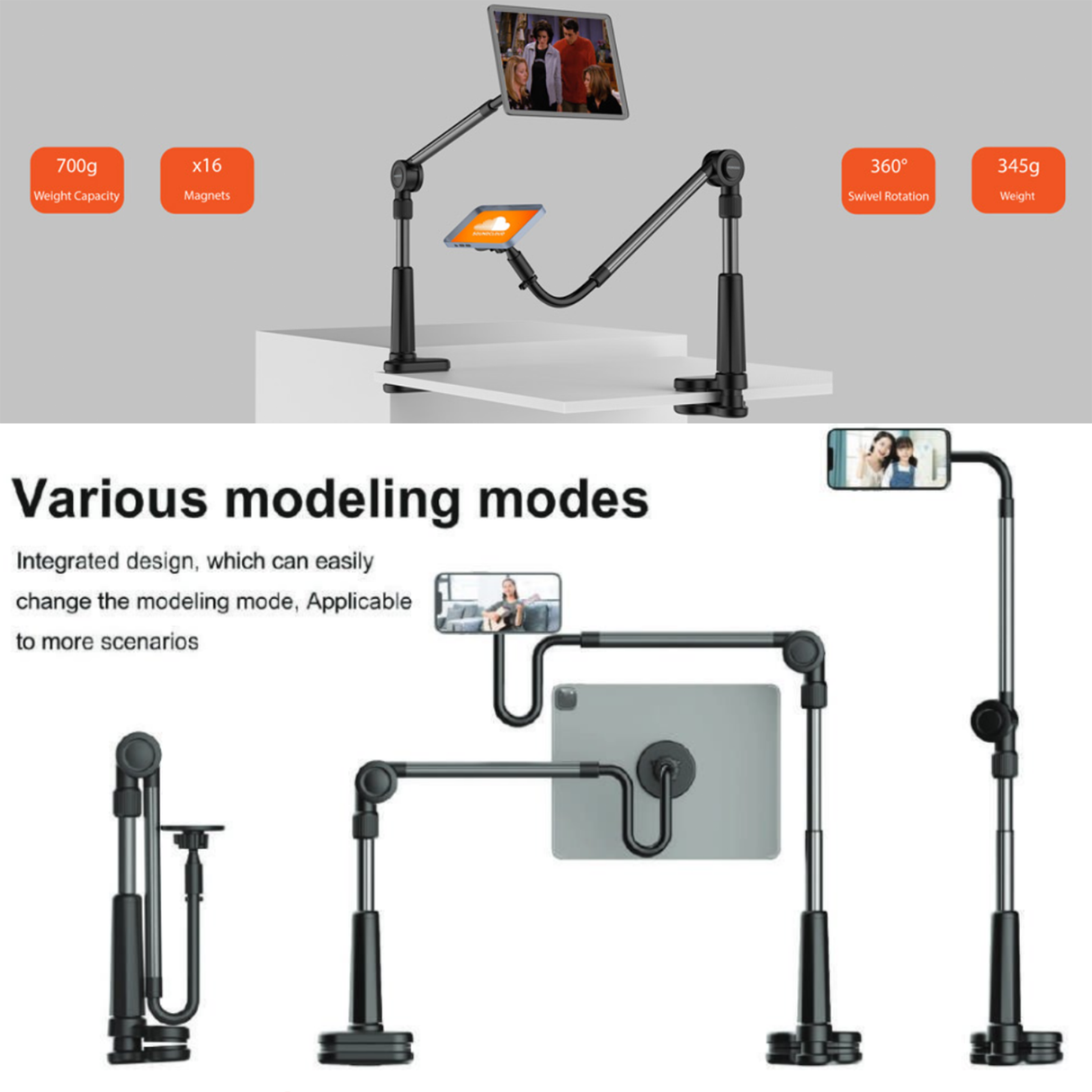 حامل الهاتف والتابلت المغناطيسي المرن Lazy Bracket – طول 92 سم، أسود من Porodo