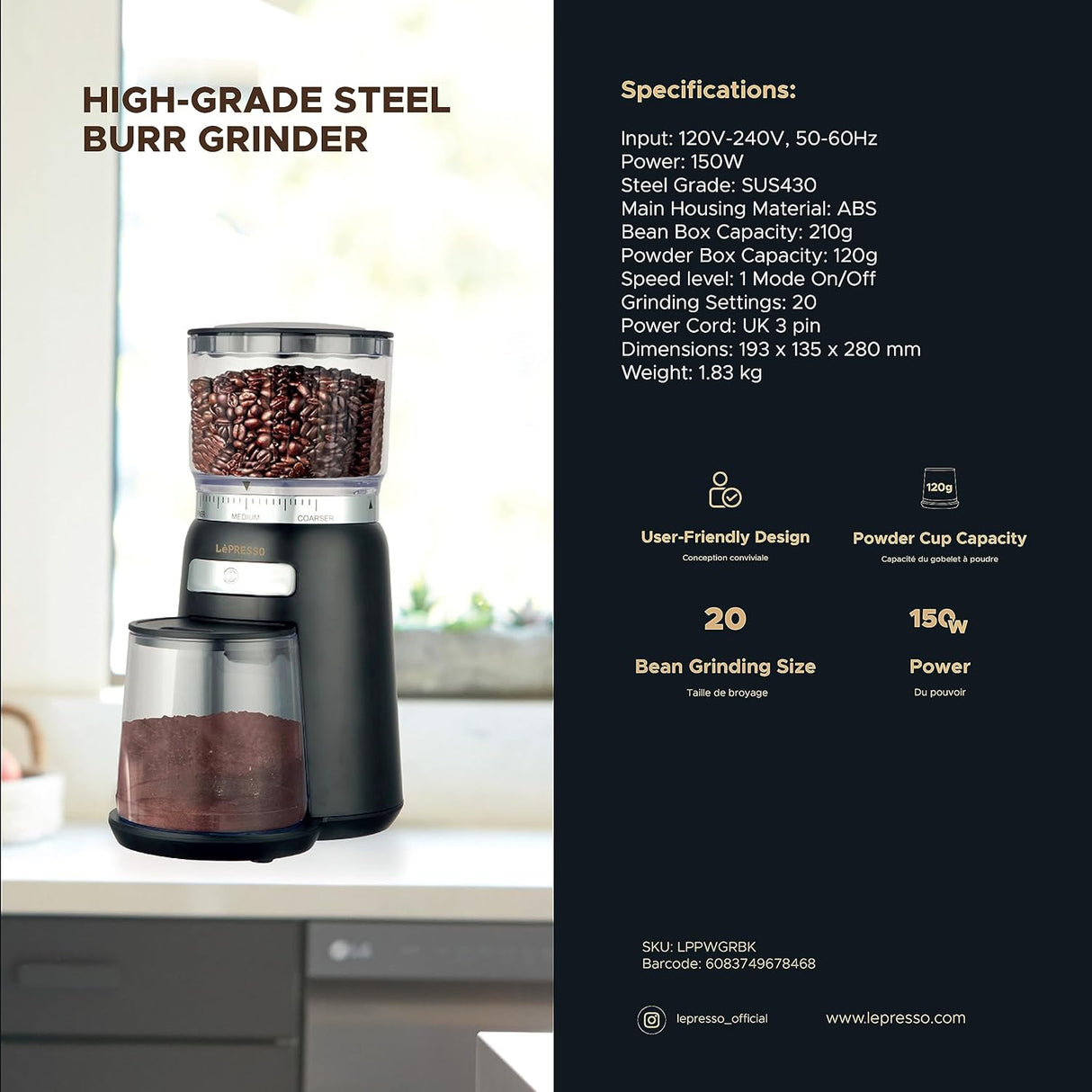 High Performance Coffee Bean Grinder 150W by Lepresso - SASKA Trading