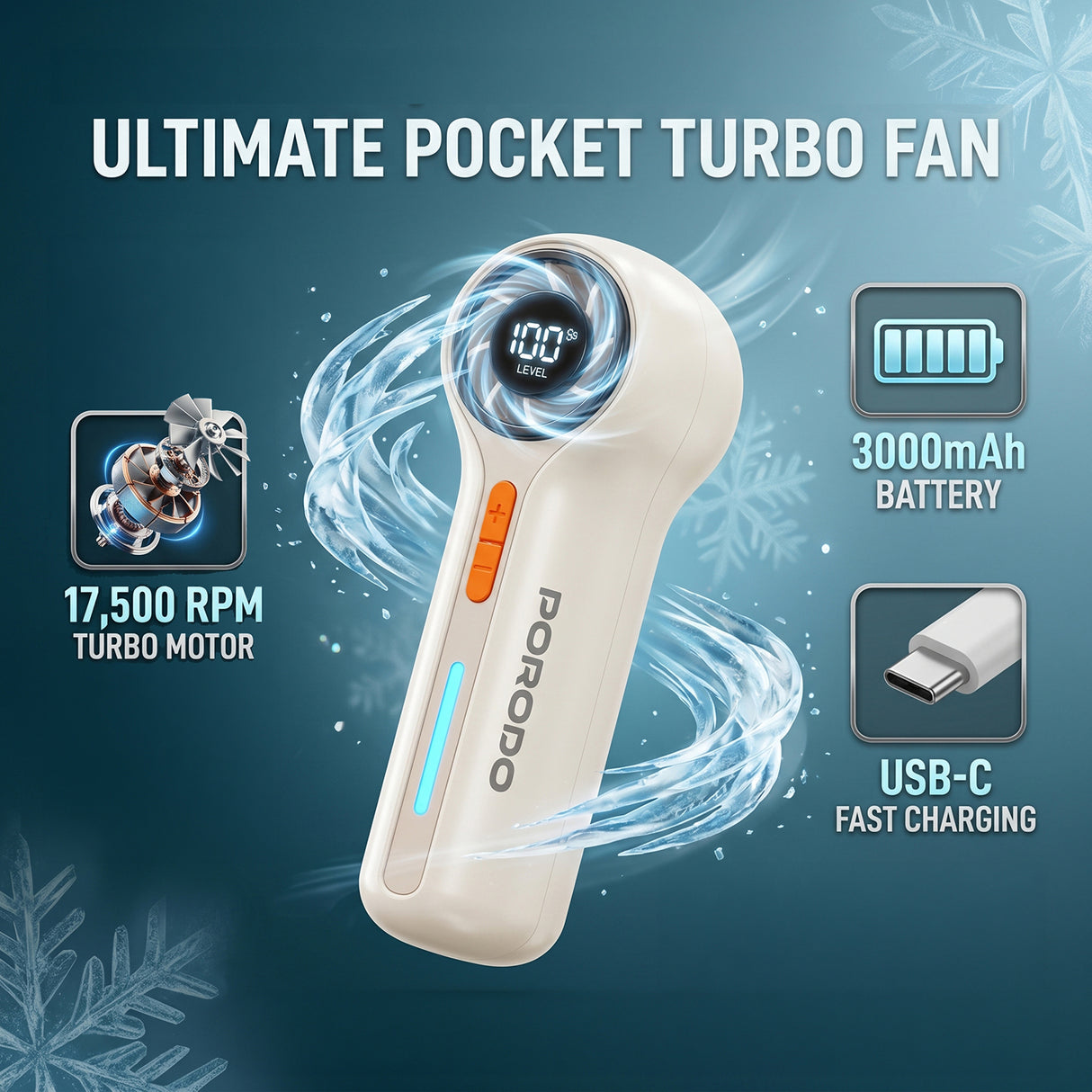 Lifestyle Chillo Breeze Pocket Turbo Fan 3000mAh Rechargeable Portable Fan with 100 Speed Levels & Digital Display by Porodo
