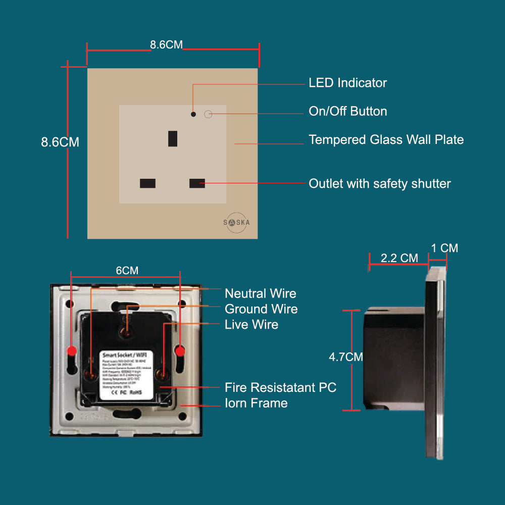 Measurement gold Saska Smart Wall Socket 1 Gang Wi-fi