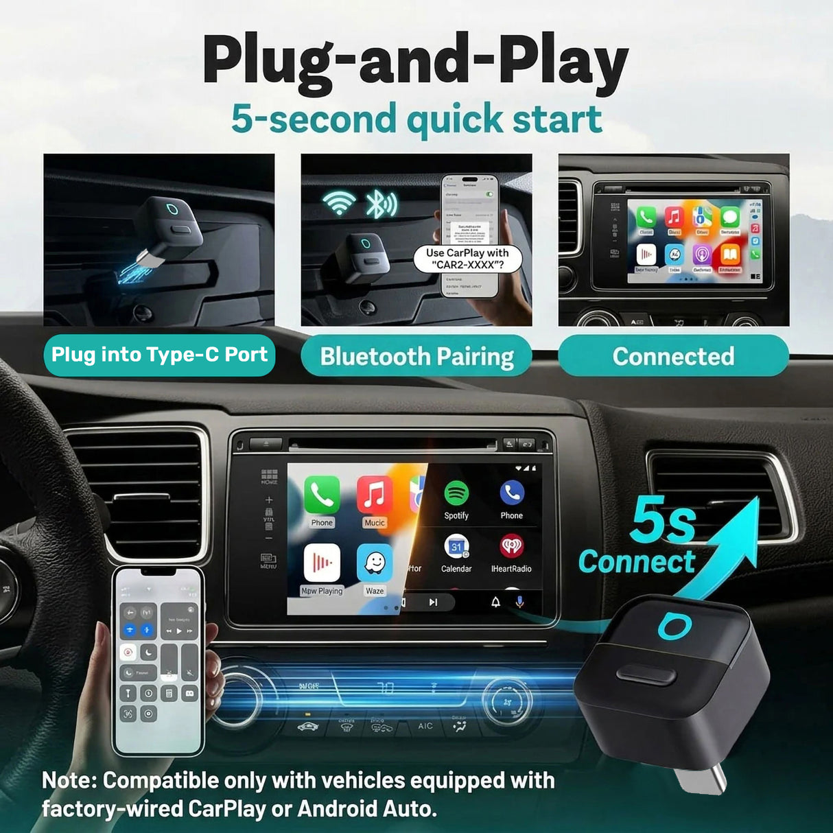 محول Mini Pico اللاسلكي 2 في 1 لـ CarPlay وAndroid Auto مع إعادة اتصال تلقائية سريعة وتشغيل بالتوصيل المباشر من Ottocast