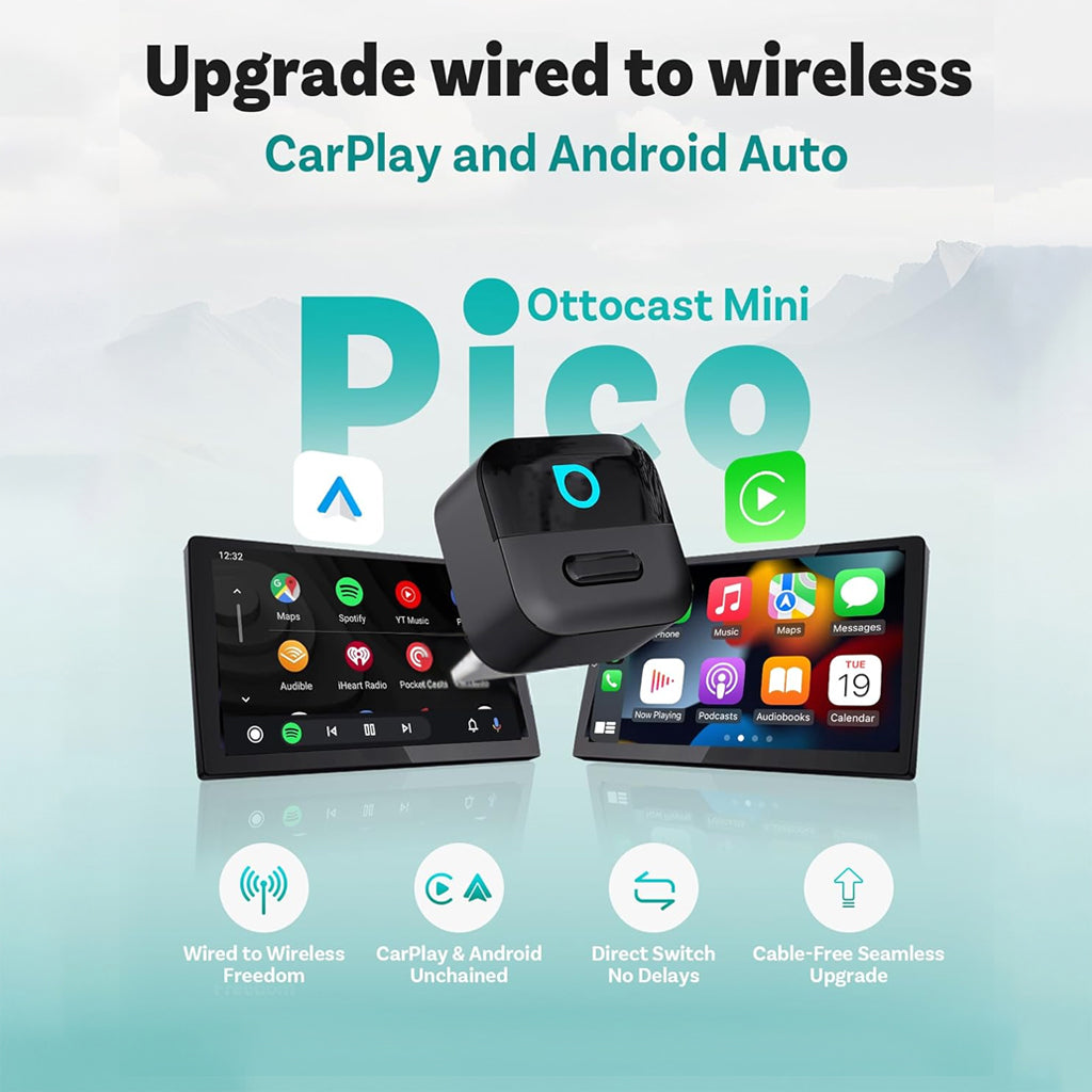 محول Mini Pico اللاسلكي 2 في 1 لـ CarPlay وAndroid Auto مع إعادة اتصال تلقائية سريعة وتشغيل بالتوصيل المباشر من Ottocast