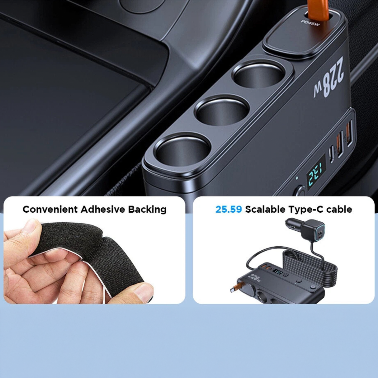 Multi-Port Smart Car Charger Adapter 228W with Digital Display
