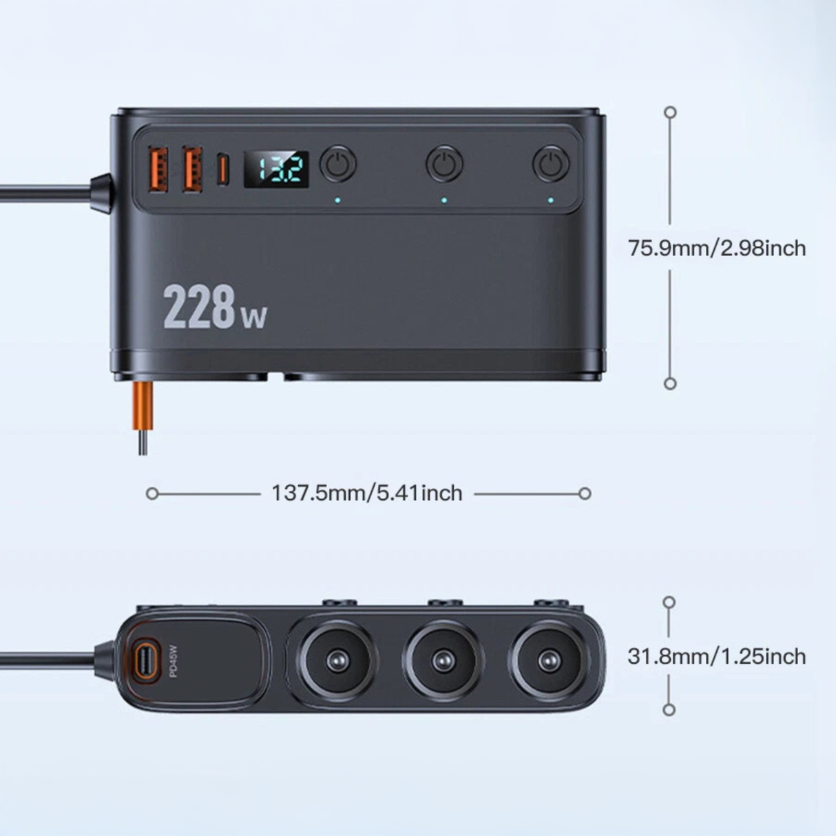 Multi-Port Smart Car Charger Adapter 228W with Digital Display