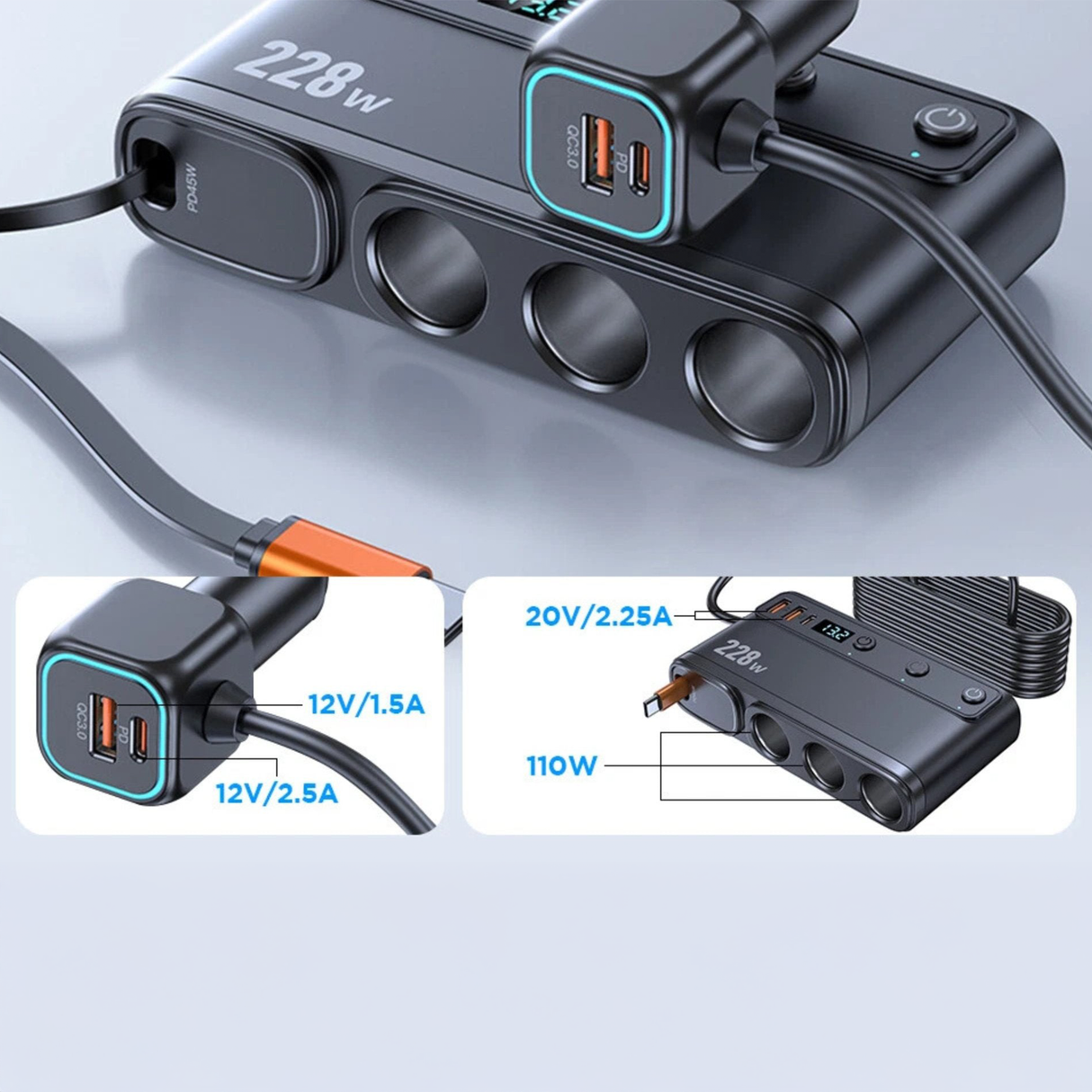 Multi-Port Smart Car Charger Adapter 228W with Digital Display
