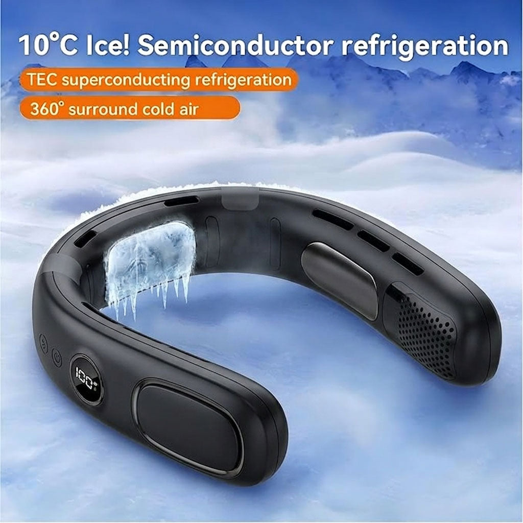 N90 Cold Compress Neck Fan – Semiconductor Ice Cooling, 4000mAh Rechargeable Battery, 5-Speed Hands-Free Portable Cooling Fan with LED Display