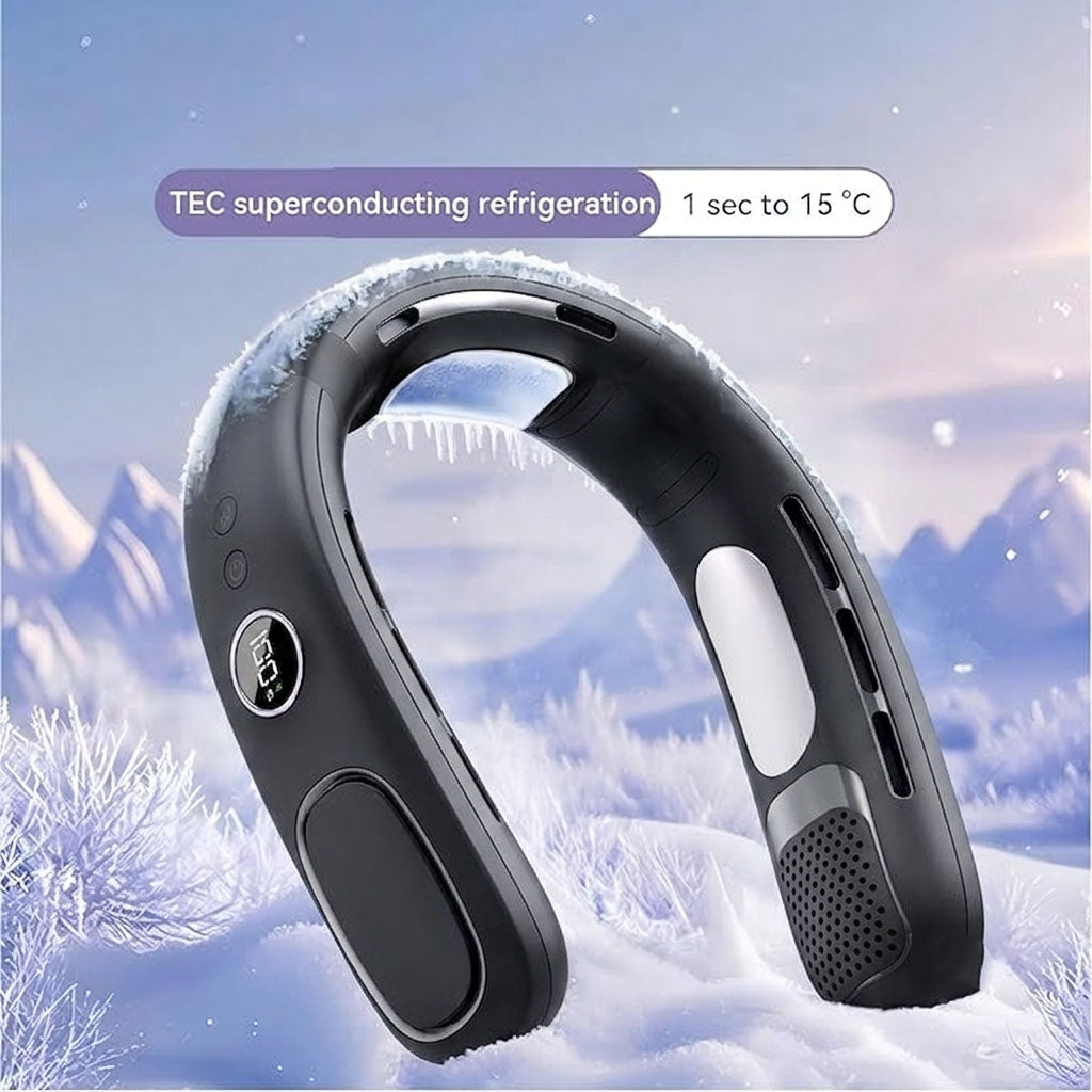 N90 Cold Compress Neck Fan – Semiconductor Ice Cooling, 4000mAh Rechargeable Battery, 5-Speed Hands-Free Portable Cooling Fan with LED Display