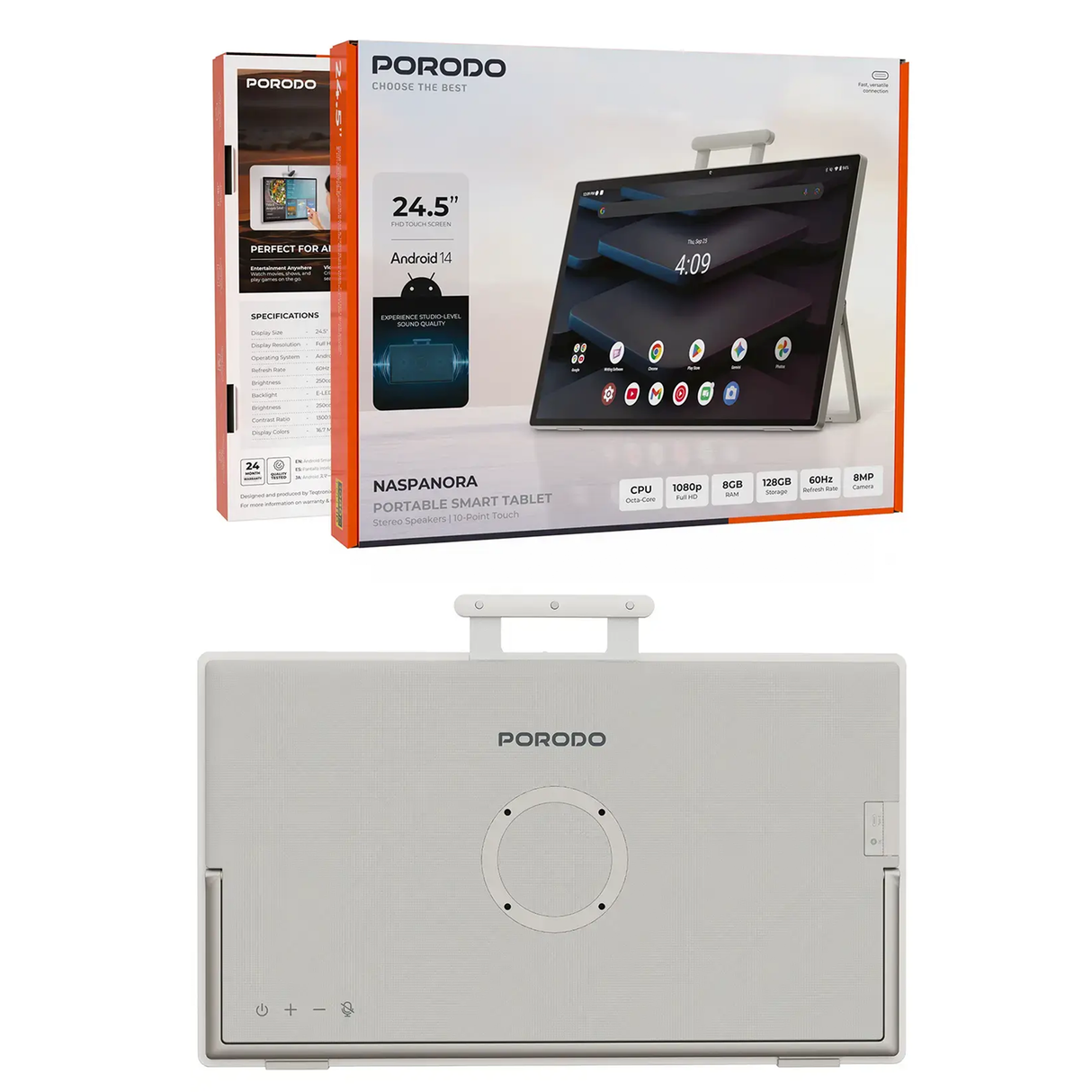Naspanora 24.5″ Portable Smart Tablet – Android 14 Touch Display with Stereo Speakers by Porodo | Portable Smart Tablet | SASKA Trading