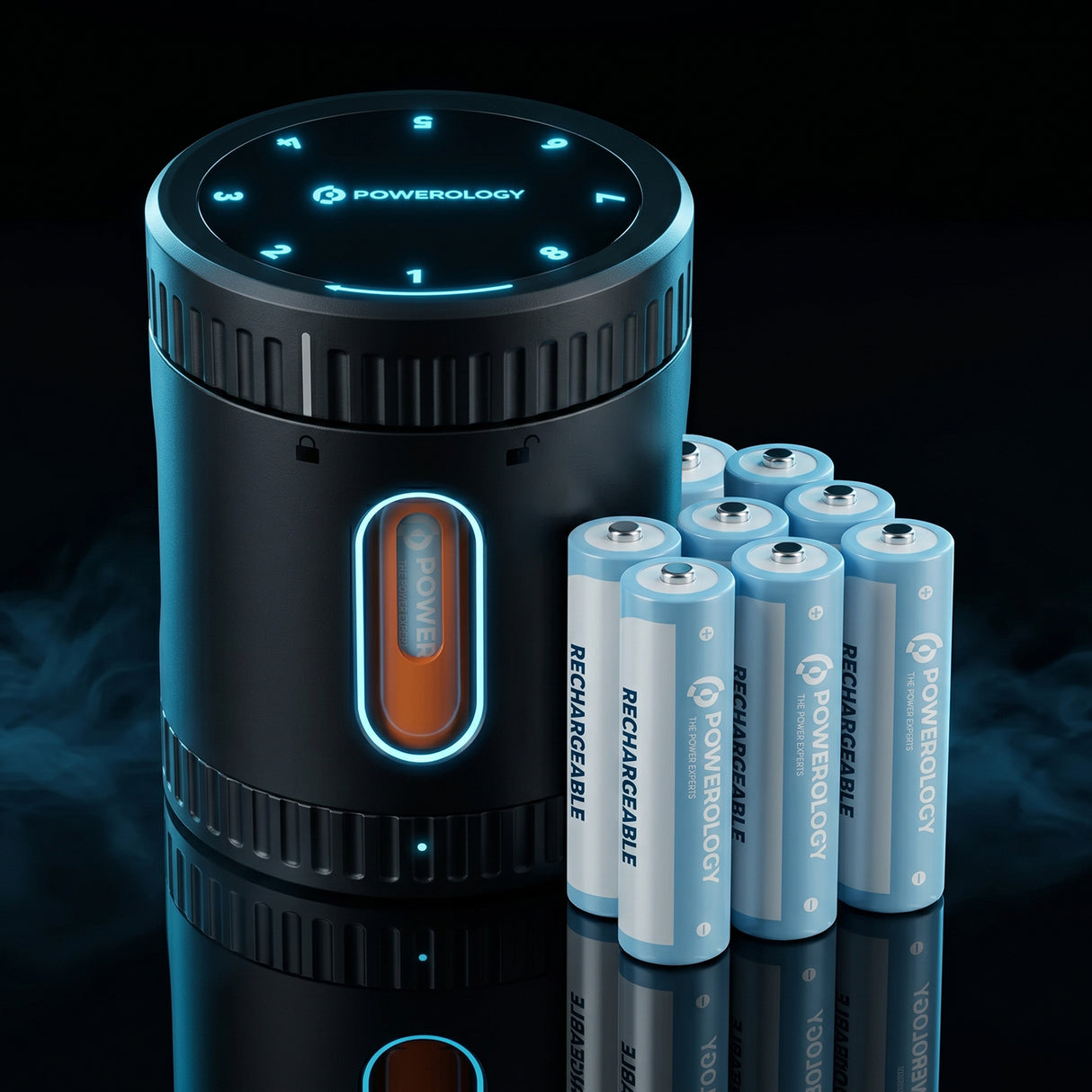 Neon Smart Battery Charging Case with 8 Rechargeable AA Batteries, USB-C Fast Charging & LED Display by Powerology