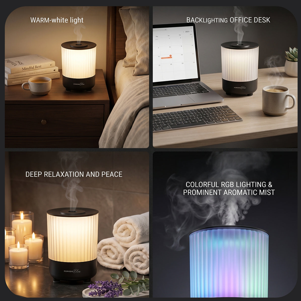 Noa Aroma Diffuser with 7 Color Lights & 150mL Water Tank – USB-C Portable Aromatherapy Humidifier by Porodo