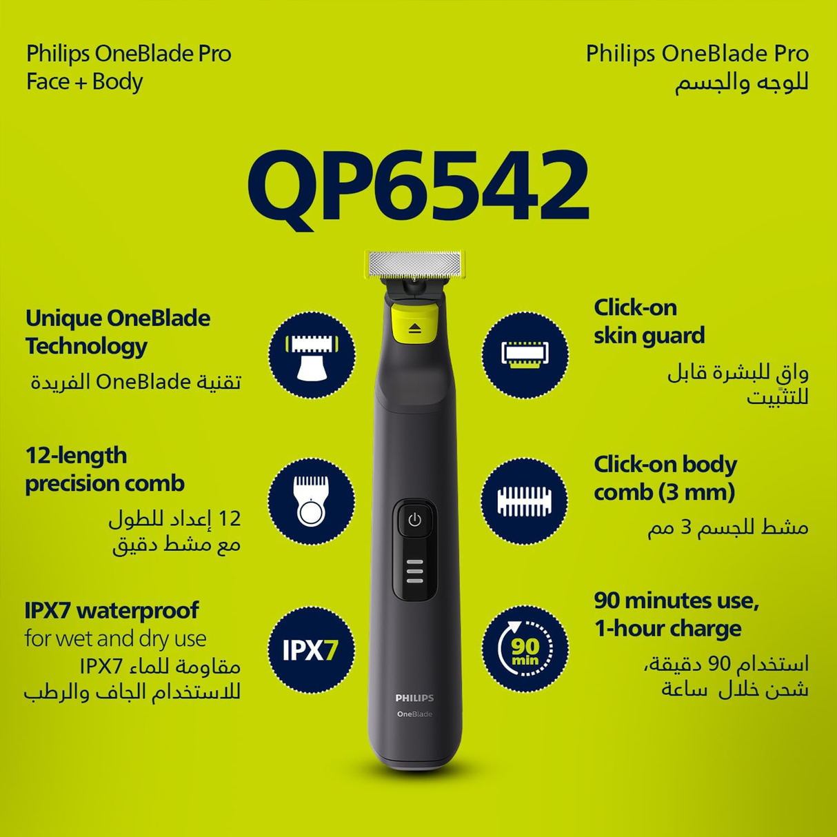 OneBlade Pro Body & Face Trimmer – 12 Length Settings, Waterproof, Rechargeable by Philips